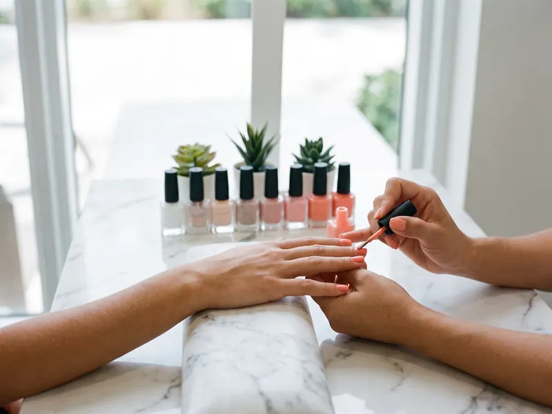 Manicure con esmalte coral en un estudio de uñas