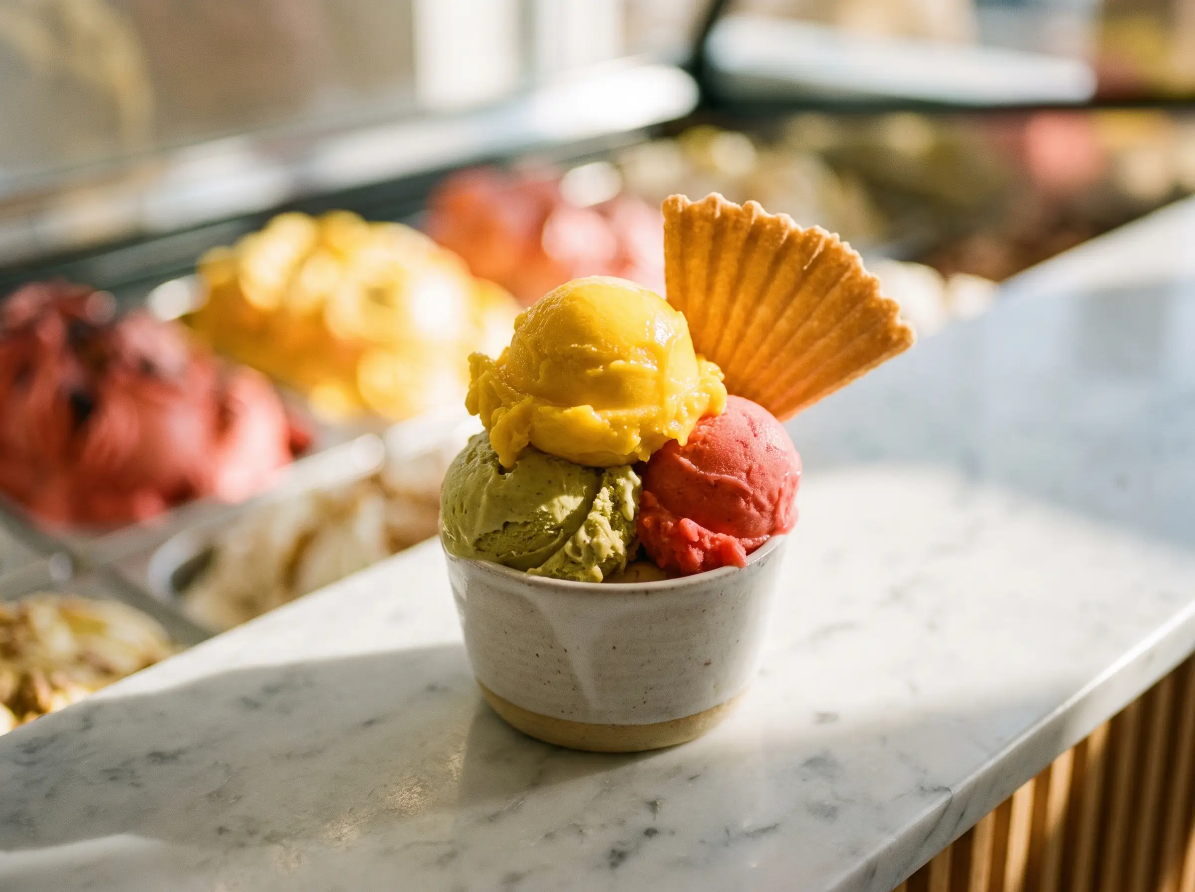 Copa de gelato de mango, pistacho y fresa
