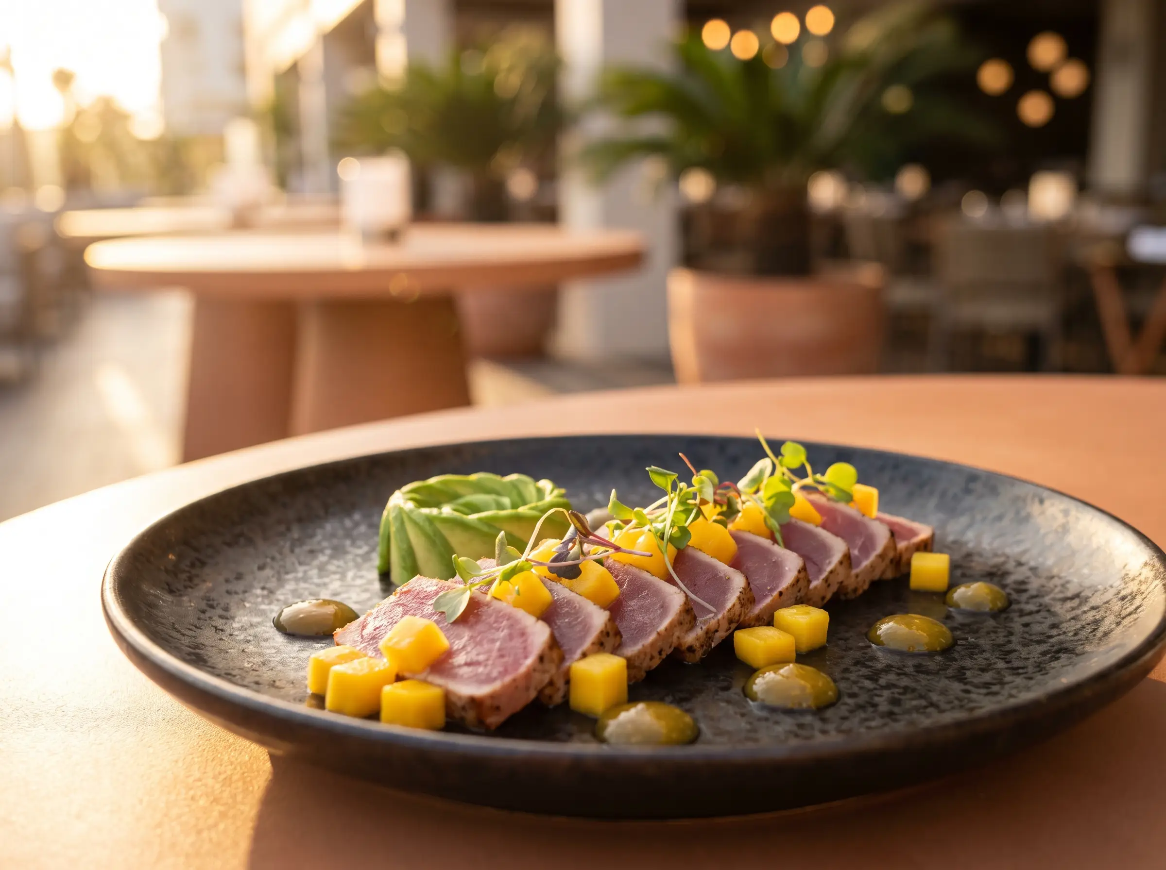 Tataki de atún con mango en un plato oscuro